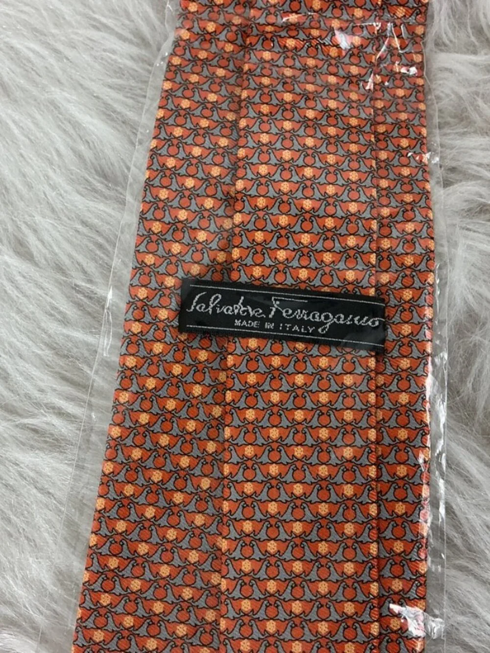 Salvatore Ferragamo Gray, Orange, Yellow, Seal Print Silk Tie NWOT
